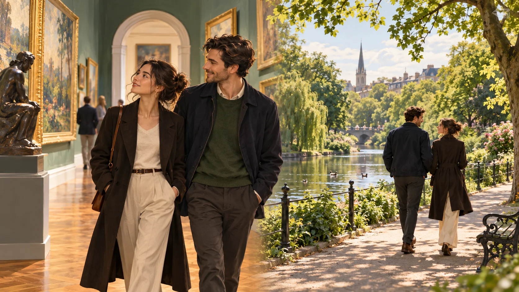 Illustration of a couple enjoying a gallery and a walk in a park